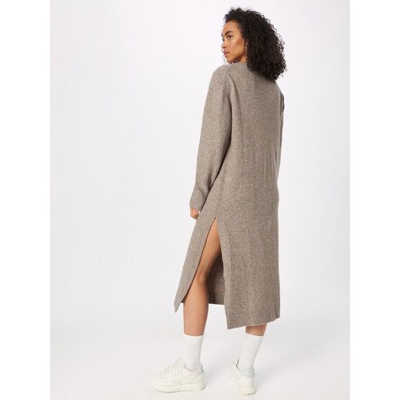 WEEKDAY Ellen V-Neck Knit Dress Light Brown Ribbed Long Sleeve Slit Size Small - Picture 2 of 11